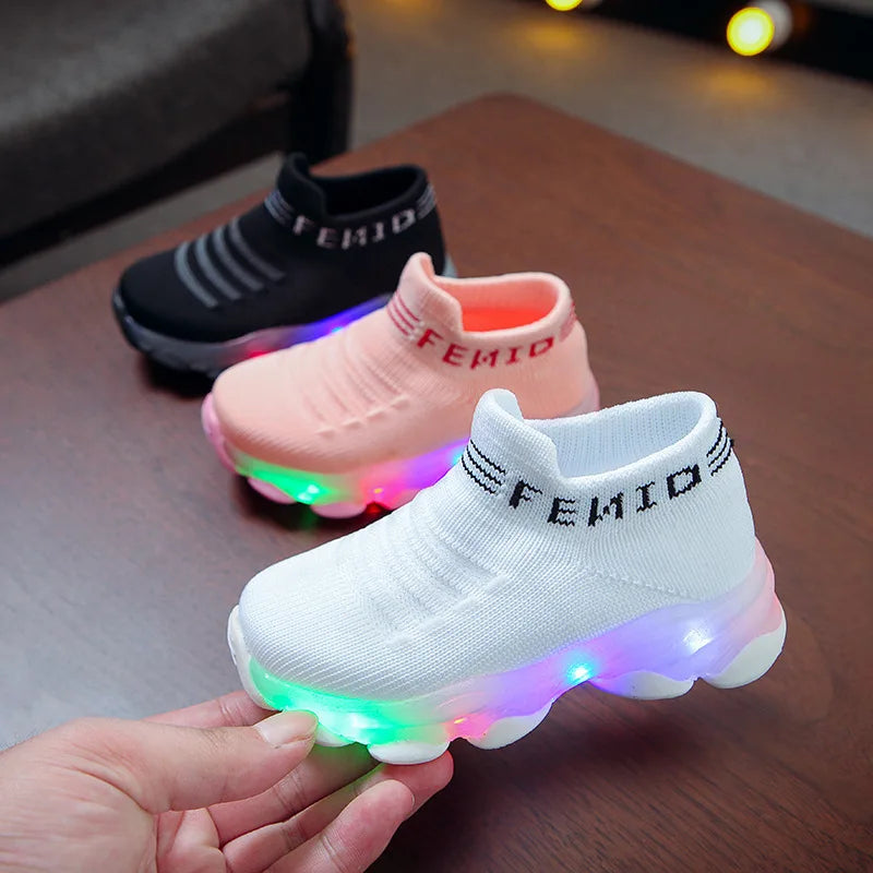 Kids Sneakers Mga Bata Sanggol Babae Mga Lalaki Letter Mesh Led Luminous Socks Sport Run Sneakers Sapatos Sapato Infantil Light Up Shoes 