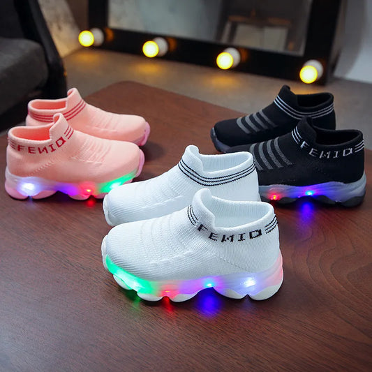 Kids Sneakers Mga Bata Sanggol Babae Mga Lalaki Letter Mesh Led Luminous Socks Sport Run Sneakers Sapatos Sapato Infantil Light Up Shoes 