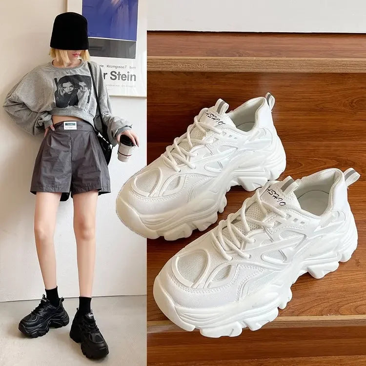 Bagong Itim na Tatay Chunky Sneakers Casual Vulcanized Shoes Babae High Platform Sneakers Lace Up White Sneakers Pambabae 2023 