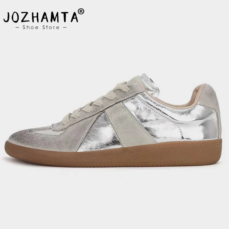 JOZHAMTA Size 35-40 Real Leather Women Casual Sneakers Silver Lace-Up Athletic Shoes Low Heels Lace-Up Breath Tennis Flats Shoes 