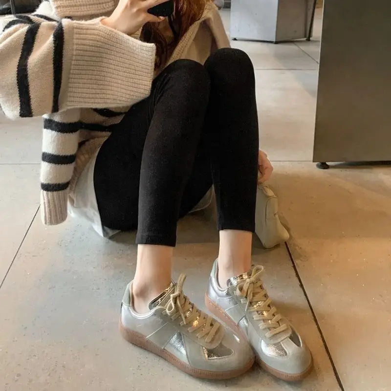 JOZHAMTA Size 35-40 Real Leather Women Casual Sneakers Silver Lace-Up Athletic Shoes Low Heels Lace-Up Breath Tennis Flats Shoes 