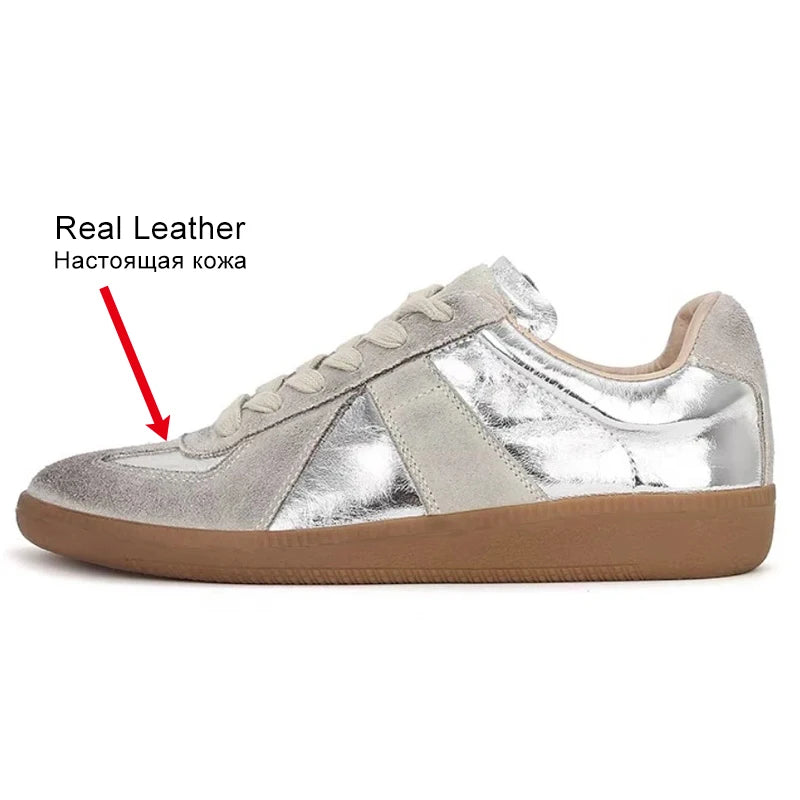 JOZHAMTA Size 35-40 Real Leather Women Casual Sneakers Silver Lace-Up Athletic Shoes Low Heels Lace-Up Breath Tennis Flats Shoes 